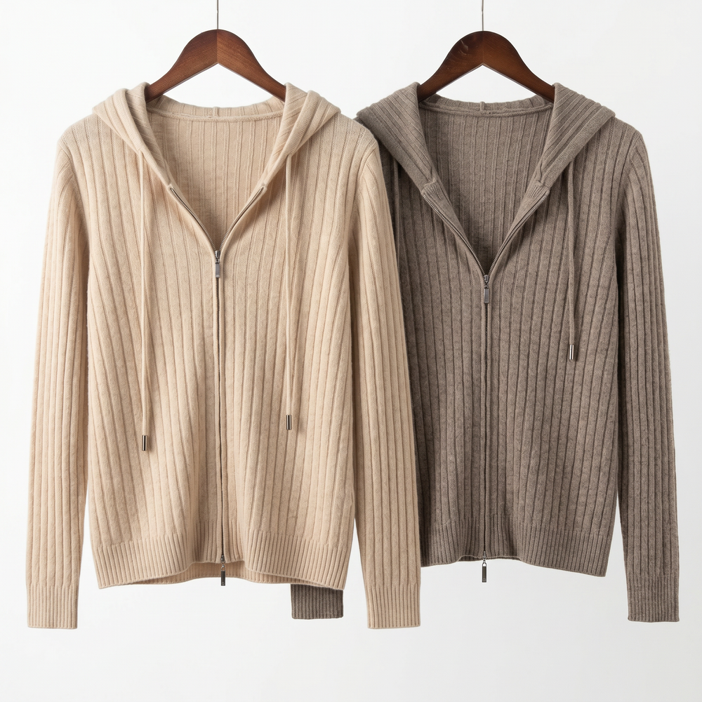 Luxury 100% Cashmere Ribbed Zip-Up Hoodie