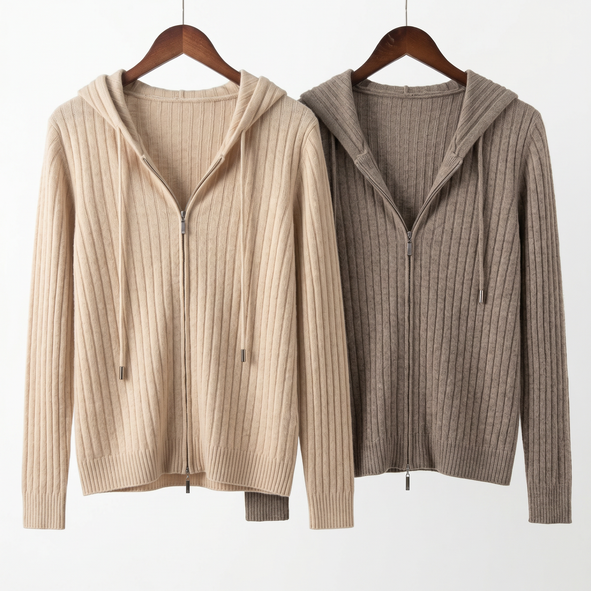 Luxury 100% Cashmere Ribbed Zip-Up Hoodie