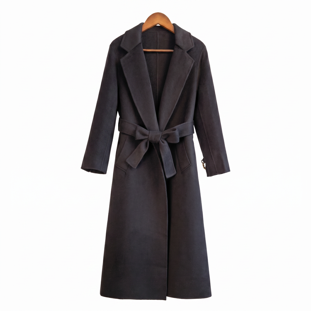 Premium 100% Wool Long Coat with Chain Detail