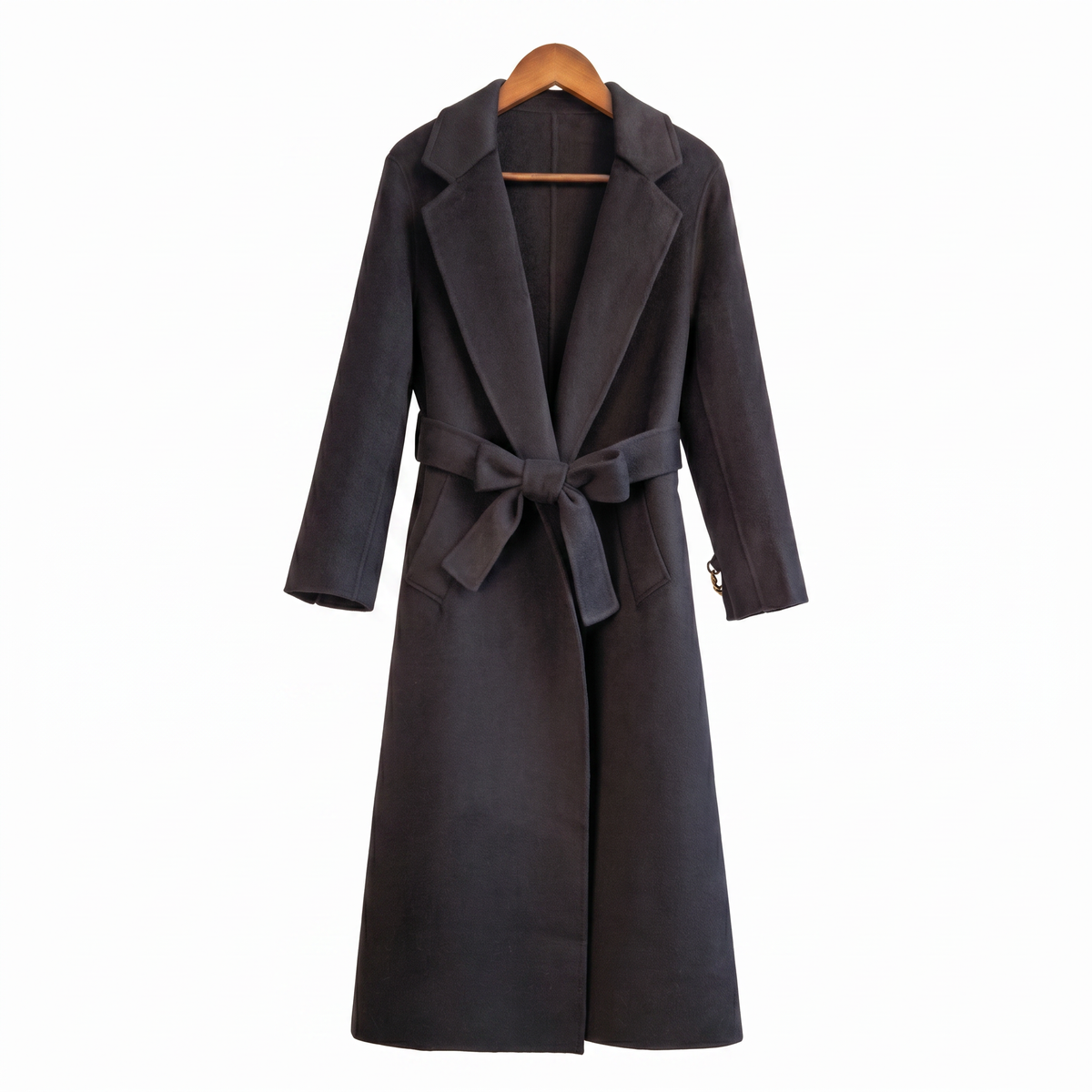 Premium 100% Wool Long Coat with Chain Detail