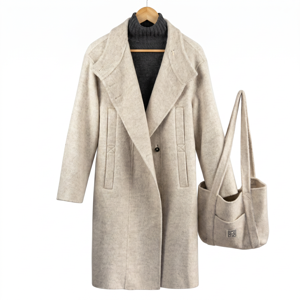 Premium Wool-Cashmere Blend Long Coat with Matching Tote