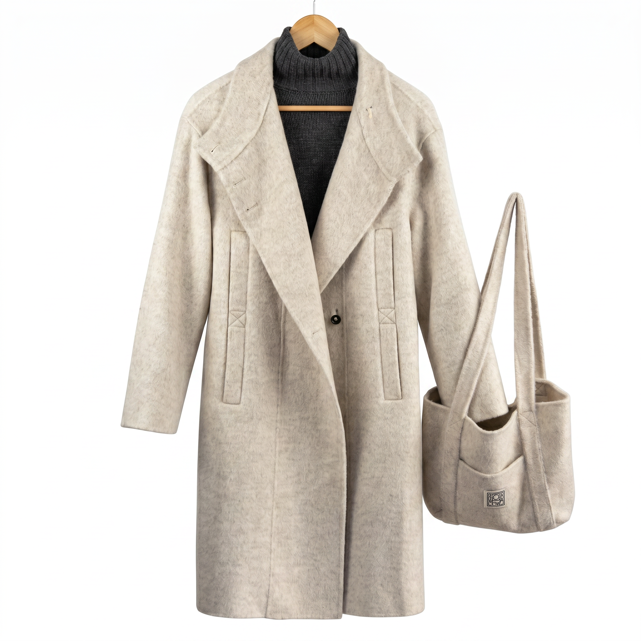 Premium Wool-Cashmere Blend Long Coat with Matching Tote