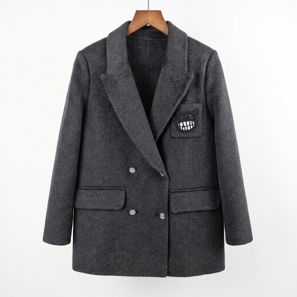 Women's Cashmere-Wool Blend Double-Breasted Coat with Embroidered Patch