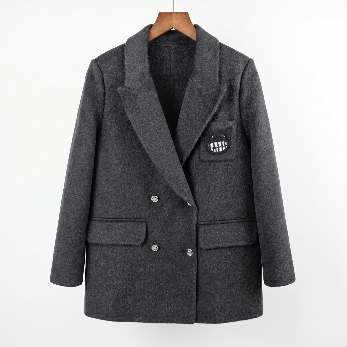 Women's Cashmere-Wool Blend Double-Breasted Coat with Embroidered Patch