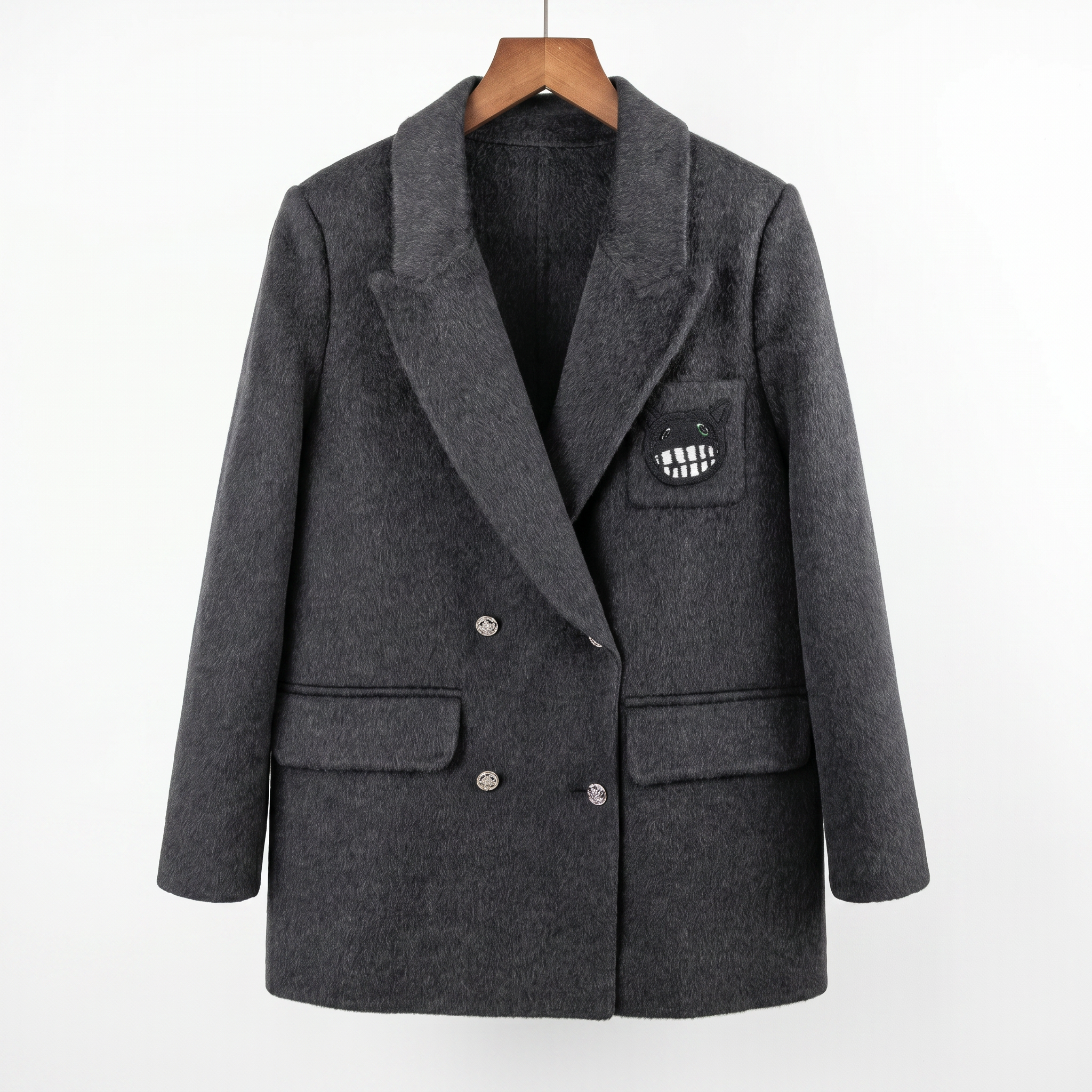 Women's Cashmere-Wool Blend Double-Breasted Coat with Embroidered Patch