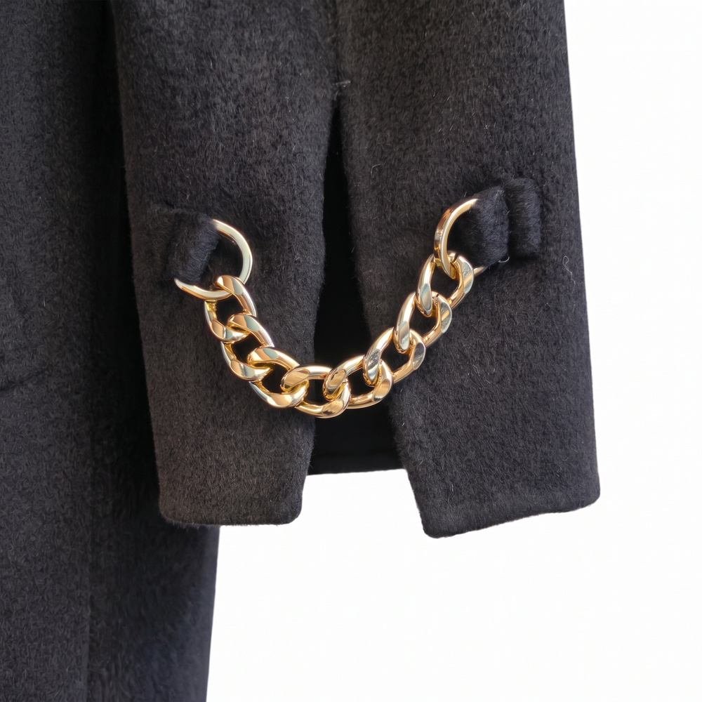 Premium 100% Wool Long Coat with Chain Detail