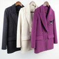 Women's Cashmere-Wool Blend Double-Breasted Coat with Embroidered Patch