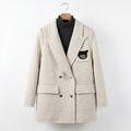 Women's Cashmere-Wool Blend Double-Breasted Coat with Embroidered Patch