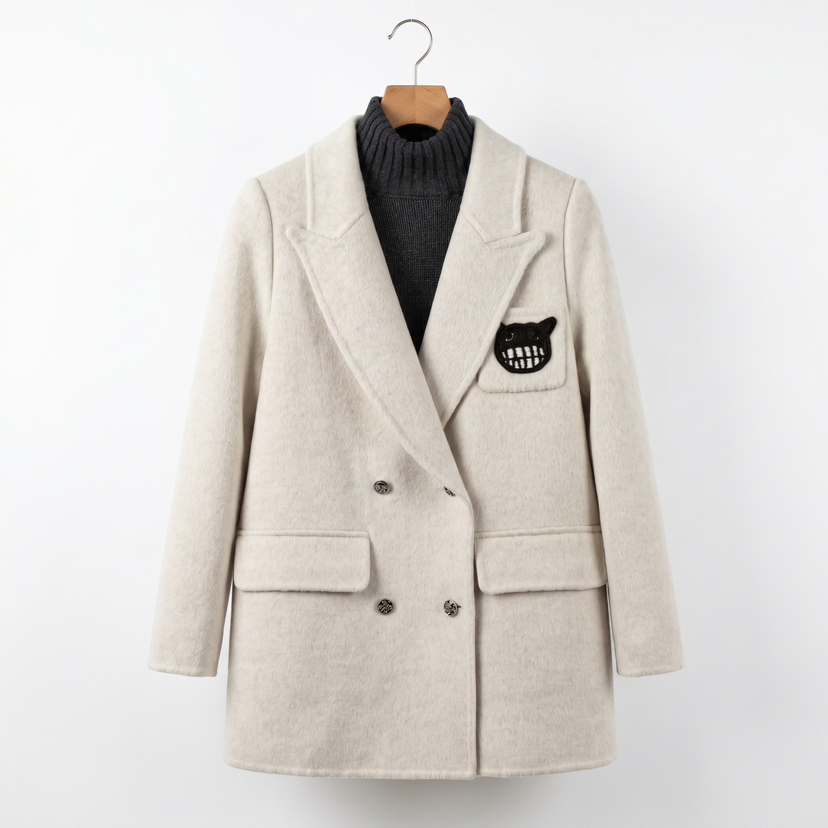 Women's Cashmere-Wool Blend Double-Breasted Coat with Embroidered Patch