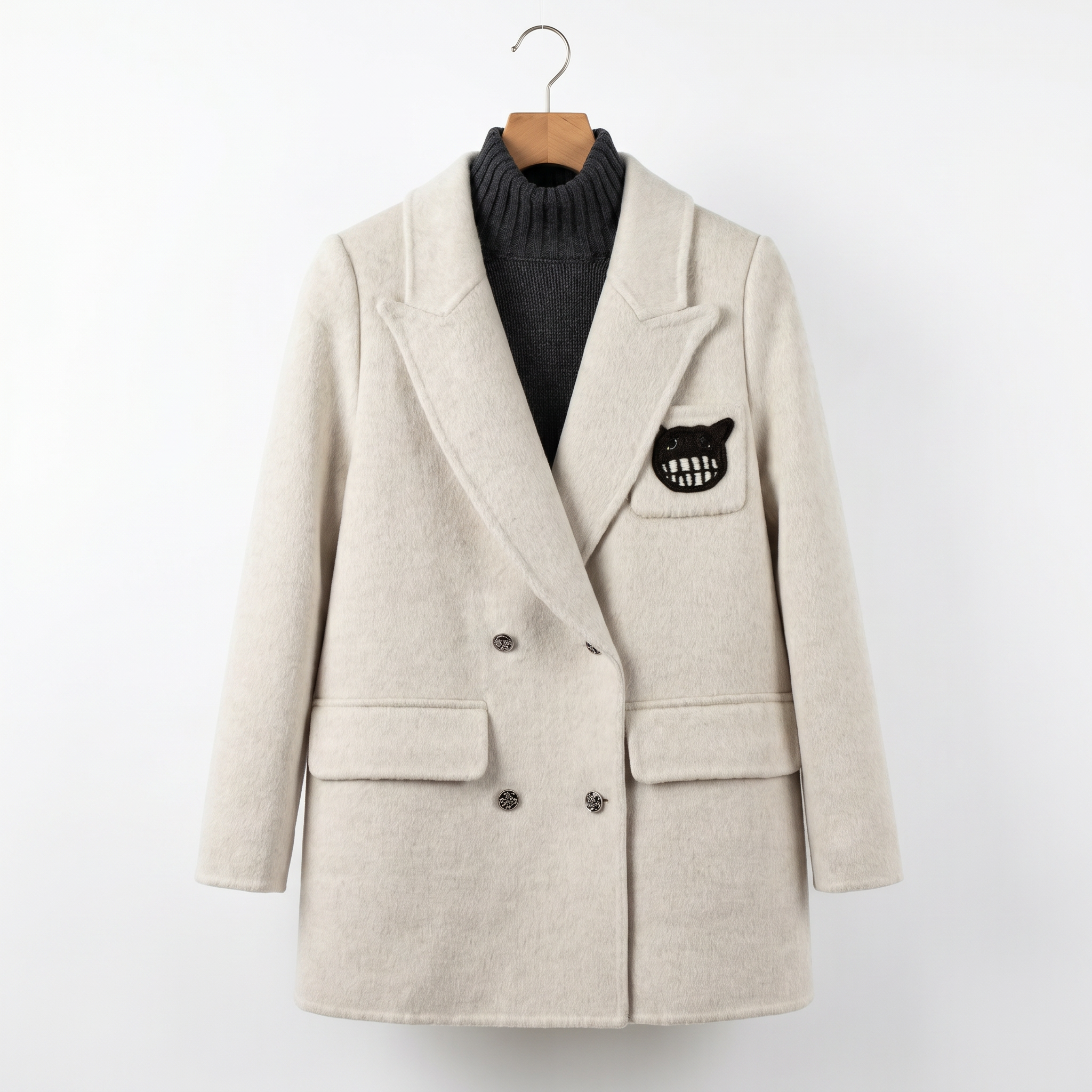 Women's Cashmere-Wool Blend Double-Breasted Coat with Embroidered Patch