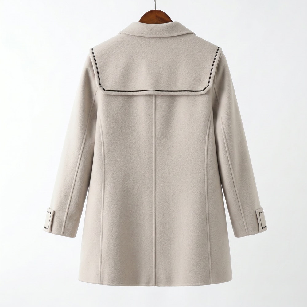 Premium 100% Australian Wool Double-Breasted Coat with Contrast Trim | Elegant Sailor Collar Outerwear