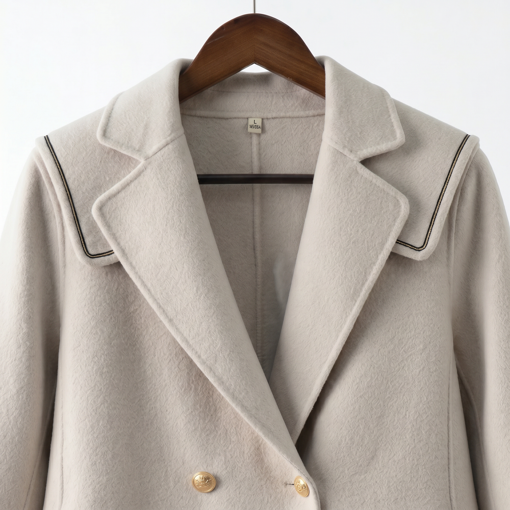 Premium 100% Australian Wool Double-Breasted Coat with Contrast Trim | Elegant Sailor Collar Outerwear