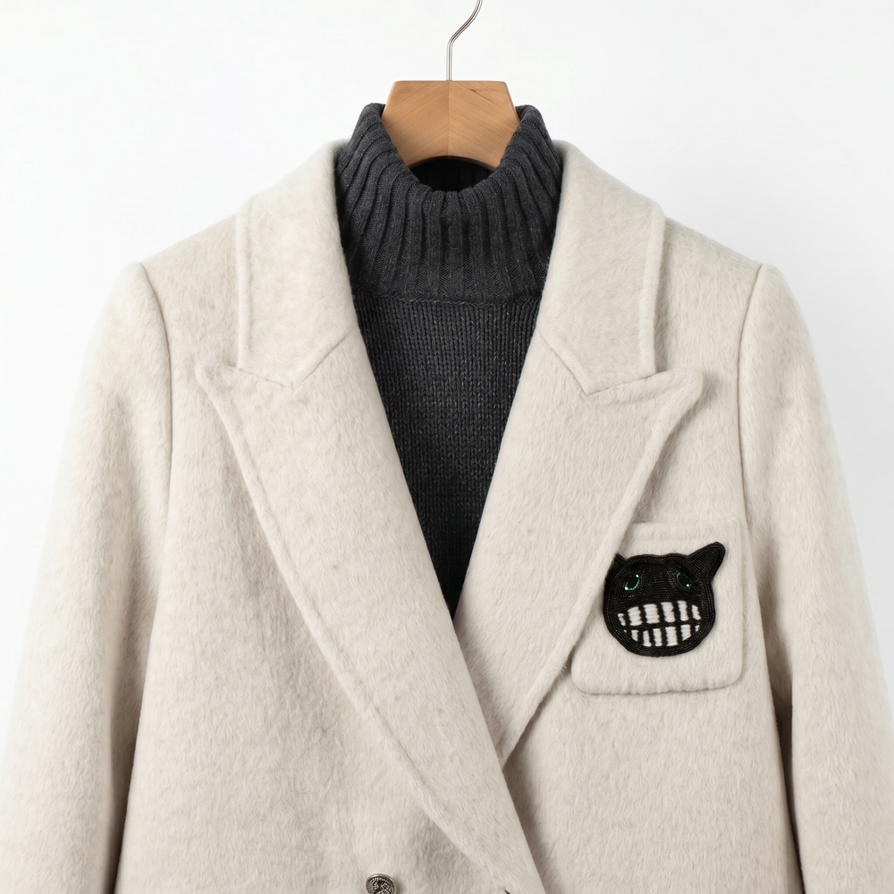 Women's Cashmere-Wool Blend Double-Breasted Coat with Embroidered Patch