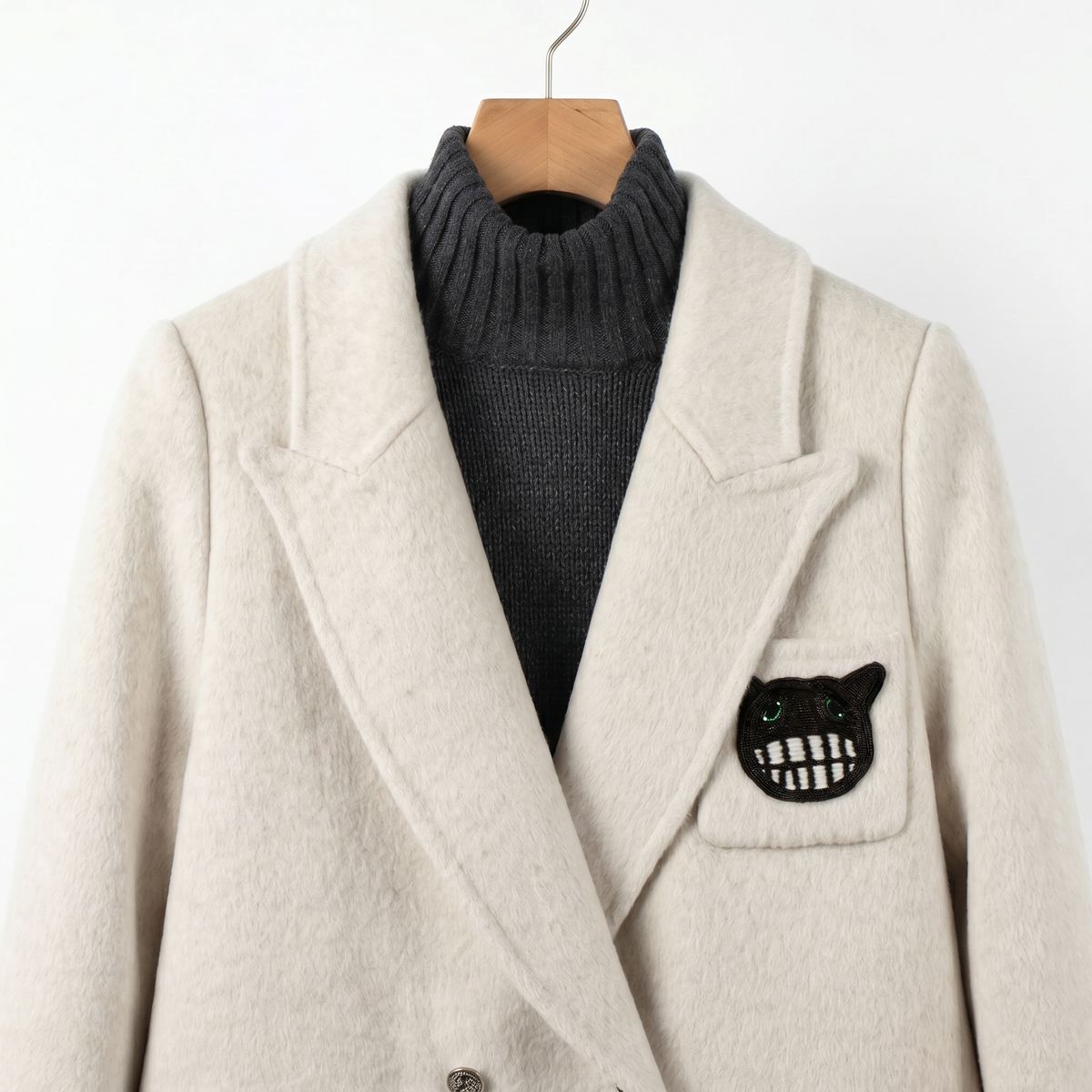 Women's Cashmere-Wool Blend Double-Breasted Coat with Embroidered Patch