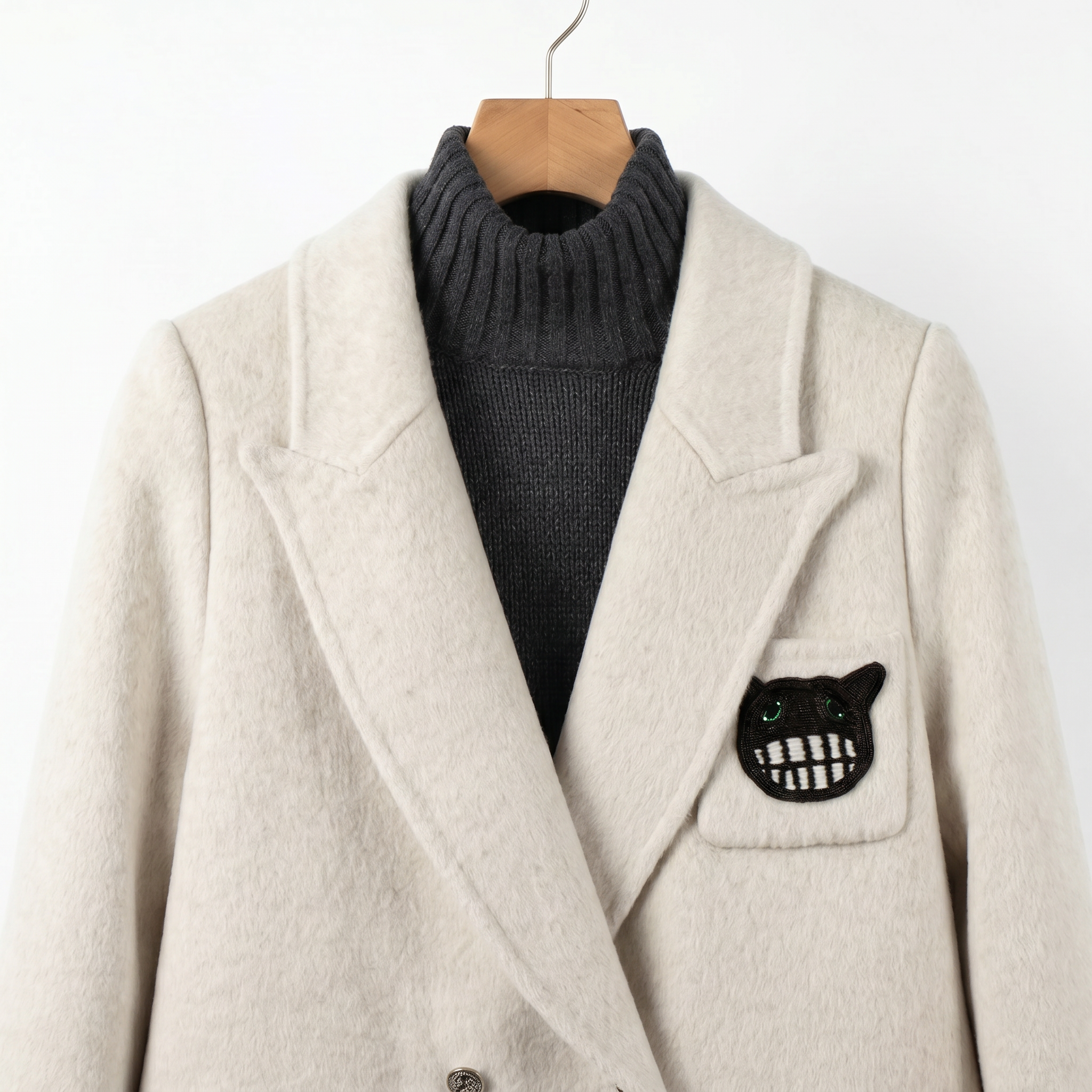 Women's Cashmere-Wool Blend Double-Breasted Coat with Embroidered Patch